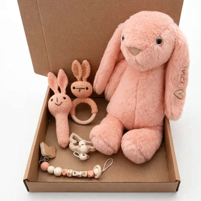 Peluş Tavşanlı Ahşap Oyuncaklı 5 Parça Bebek Hediye Seti